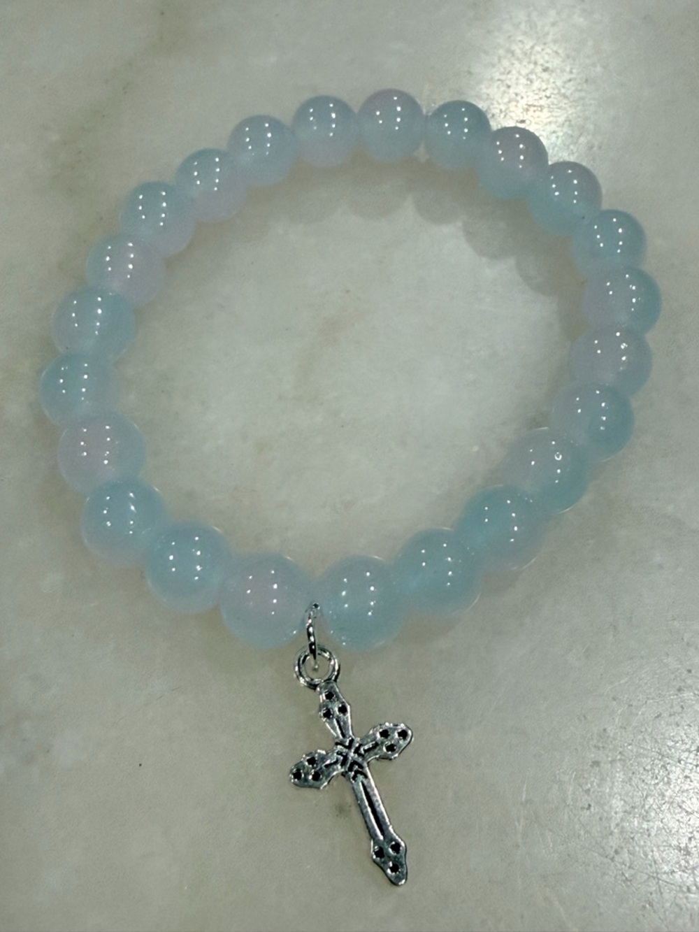 Soft Blue Beaded Silver Cross Charm Bracelet